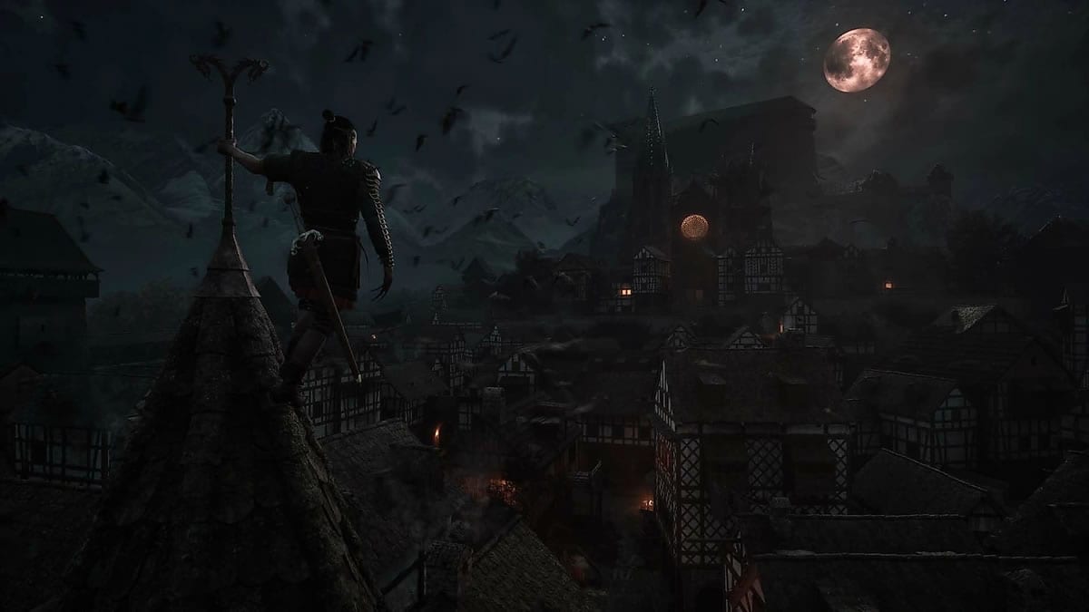 Coen perched on a Svartrau rooftop at night, bats circling a blood moon over Vale Sangora