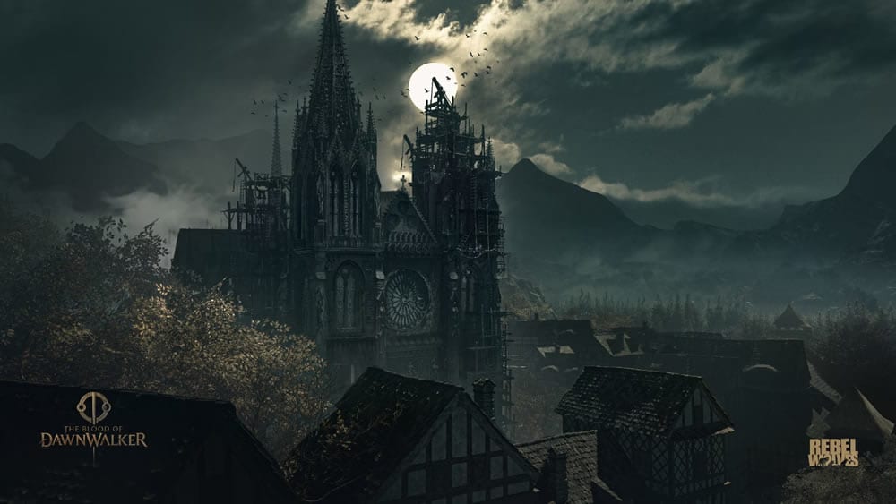 Moonlit cathedral rising above timber houses in Svartrau, the capital of Vale Sangora